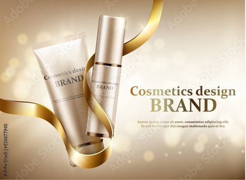 Two cosmetic jars with a gold ribbon on a gold background. Vector illustration