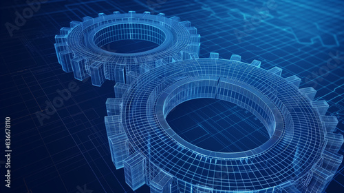 Vector wireframe illustration of a gear on a dark blue background. Mechanical technology machine engineering symbol. Project development, engine work, business plan illustration