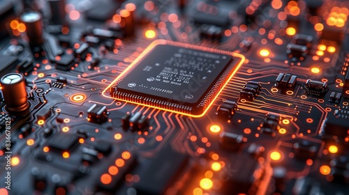 Detailed view of a circuit board with glowing components, symbolizing the complexity and sophistication of modern electronics. Minimal and Simple,