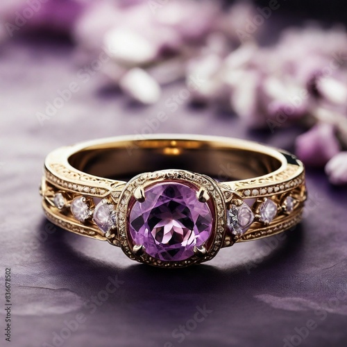 A stunning ring design adorned with a bright purple gemstone glimmering in the light