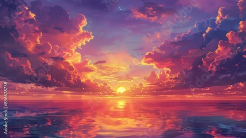 A 2D illustration depicting a serene summer morning with vibrant orange, yellow, and pink clouds against a sunset-hued sky over the ocean.