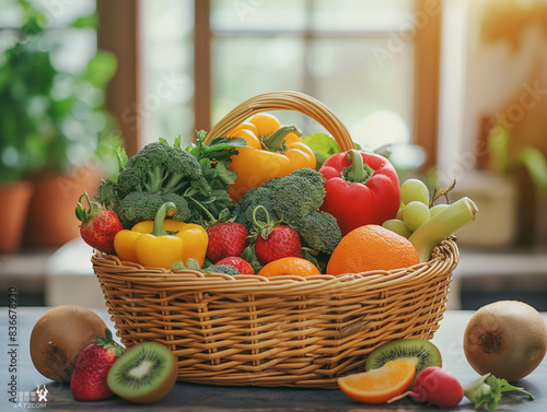 Fresh organic vegetables in a wicker  basket on kitchen