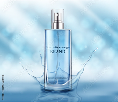 Perfume glass bottle light blue package design on blue background with glittering bokeh elements in vector illustration