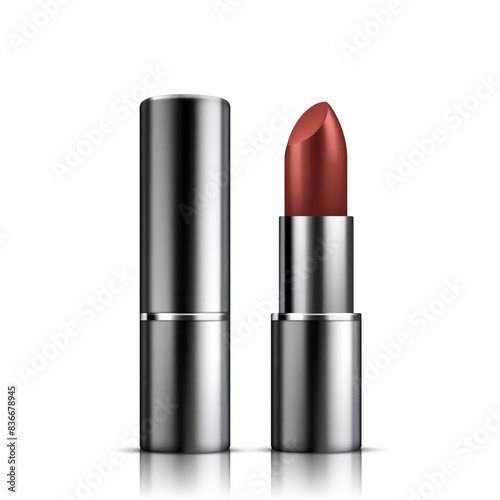 Red lipstick mockup, cosmetic package design. Vector illustration