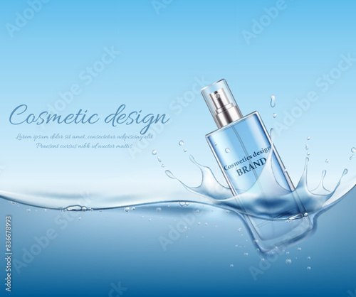 Cosmetic bottle on water background with air bubbles. Vector illustration