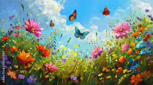 Assorted flowers with vibrant hues flutter with colorful butterflies in captivating field.