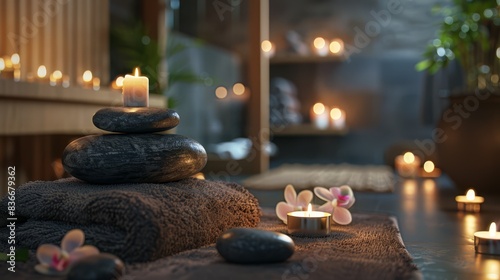 Luxurious spa experience with massage stones and candles