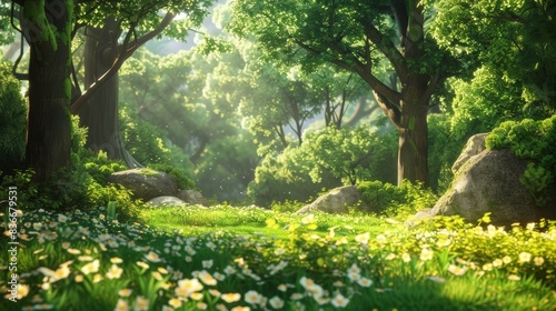 Captivating cartoon forest scene basks in dappled sunlight, featuring verdant trees, mossy rocks, swaying grass, and quaint bushes.