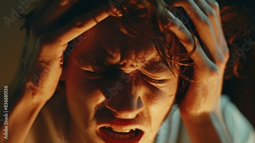 Close-up of young man grimacing in pain from intense migraine or headache, cradling his head.