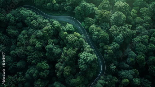 Bird's-eye view of a winding road through a forest,