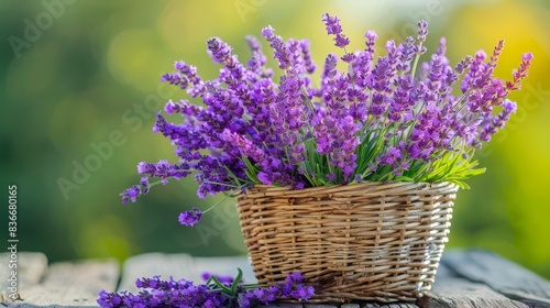 Freshly picked lavender in a basket  rustic setting  bright colors