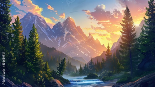 Enchanting cartoon forest scene with majestic mountains, flowing river, lush fir trees, and vibrant sunrise or sunset. © Spot Decor