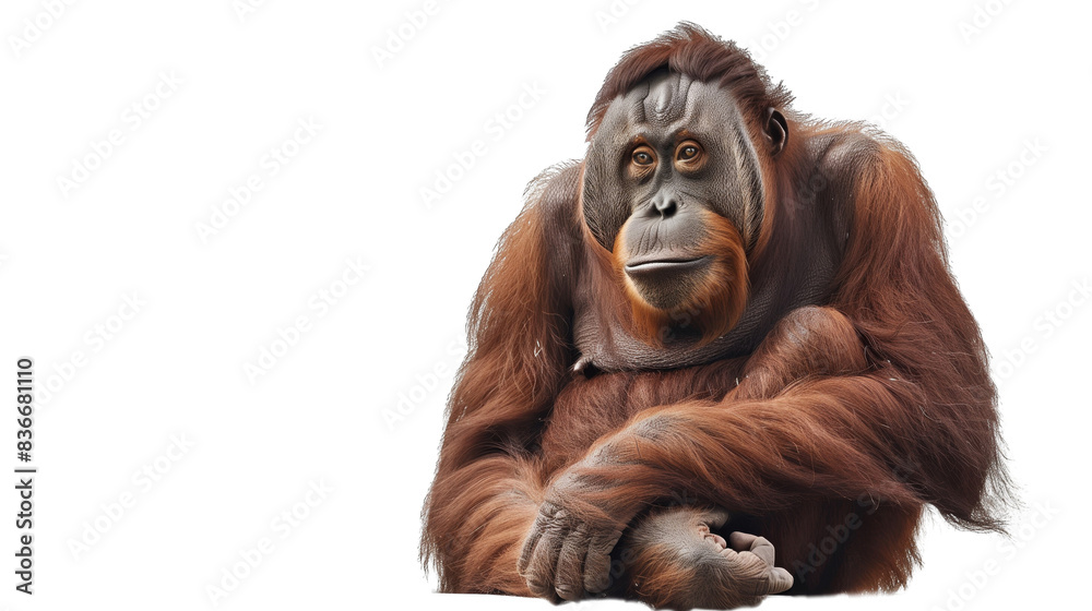 Portrait of a majestic orangutan sitting with calm expression, isolated on white background. Perfect for wildlife themes and educational use.on transparent background Portrait of a majestic orangutan sitting with calm expression, isolated on white background. Perfect for wildlife themes and educational use.on transparent background