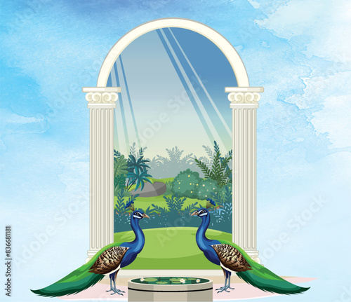Mughal garden arch, plant, peacock illustration. Traditional Islamic vector pattern design for invitation