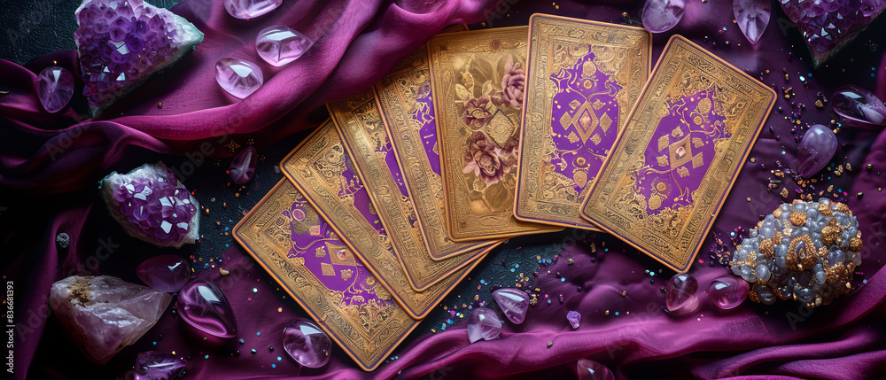 Mystical Tarot Cards Arranged on Purple Silk Cloth with Gemstones - Esoteric Divination Tools for Fortune Telling