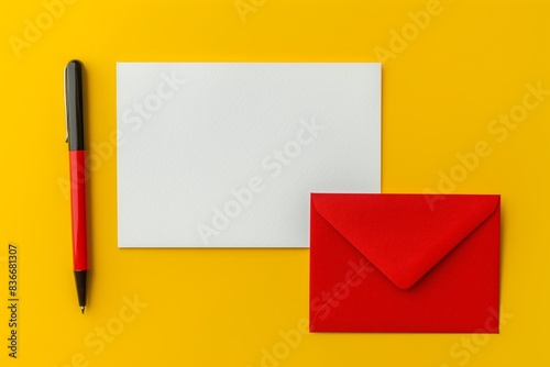 red envelope, pen and blank paper on yellow background