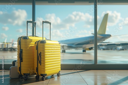 Modern Travel Preparation - Suitcases and Accessories in Airport Lounge with Airplane Background. 3D Render Featuring Soft Lighting in Yellow, Grey, and Blue Tones.