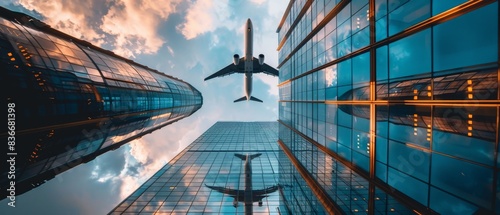 
Looking up at a modern luxury skyscraper, the sun and clouds are reflected in the windows, with the silhouette of a plane visible. photo