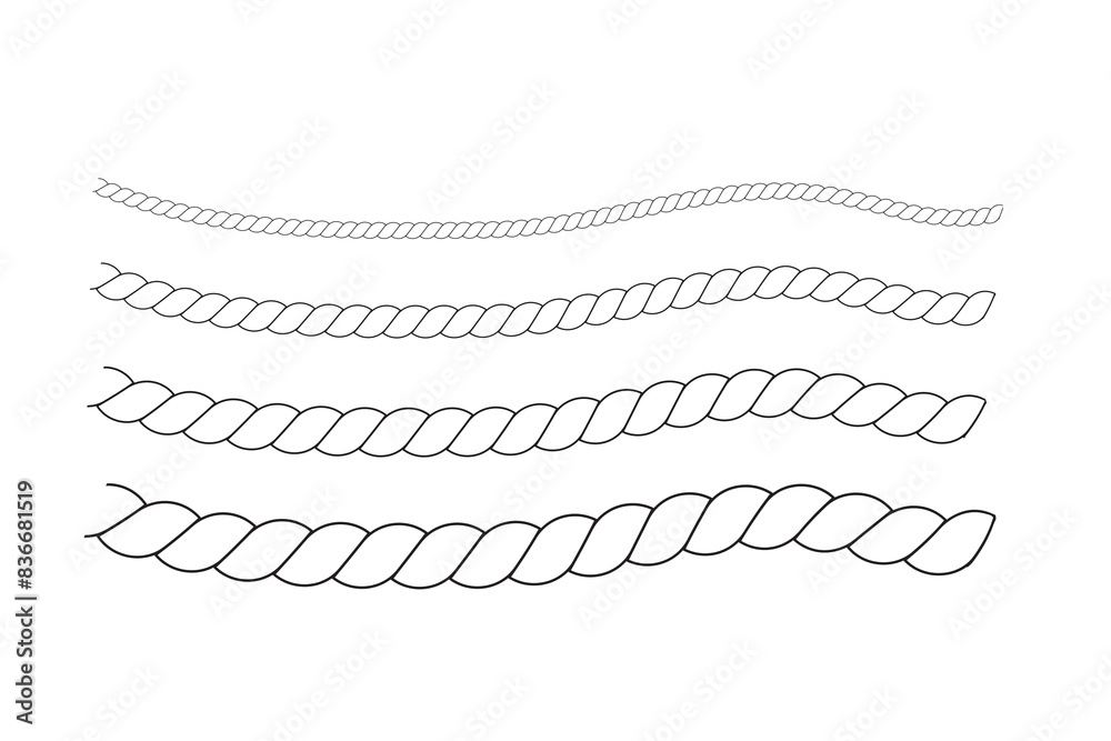 Fototapeta premium Repeating rope set. Seamless hemp cord line collection. Outline chain, braid, plait stripe bundle. Horizontal decorative plait pattern. Vector marine twine design elements for banner, poster, frame 