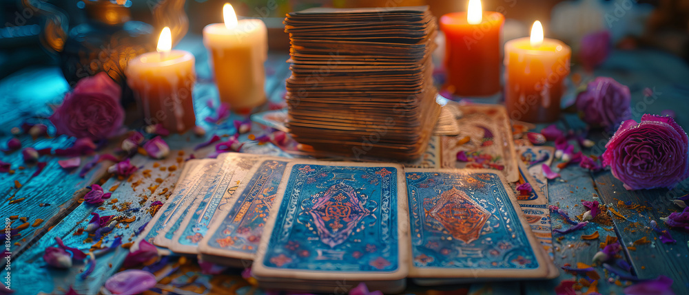 Mystical Fortune Telling Cards Spread on Table with Candles and Amulets for Tarot Reading Mystical Fortune Telling Cards Spread on Table with Candles and Amulets for Tarot Reading