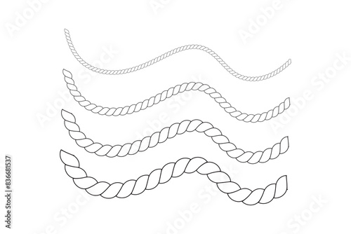 Repeating rope set. Seamless hemp cord line collection. Outline chain, braid, plait stripe bundle. Horizontal decorative plait pattern. Vector marine twine design elements for banner, poster, frame 
