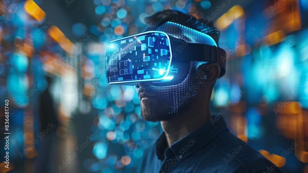 Male in vr headset in dim space Male in vr headset in dim space