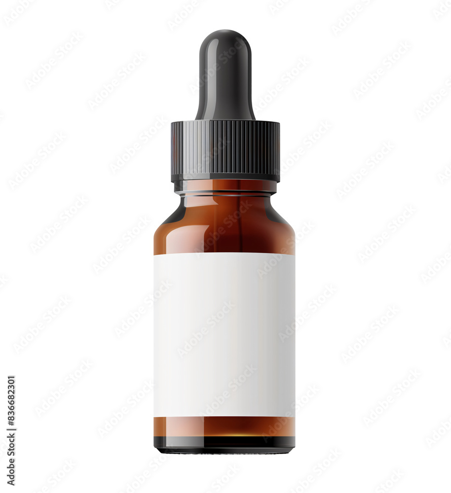 A realistic photo of an amber glass dropper bottle with a blank white label isolated on transparent background A realistic photo of an amber glass dropper bottle with a blank white label isolated on transparent background