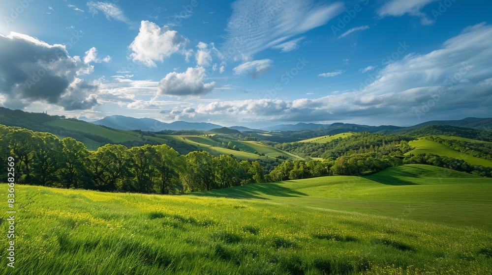 Fototapeta premium Lush green landscape extends beneath an expansive and azure sky.