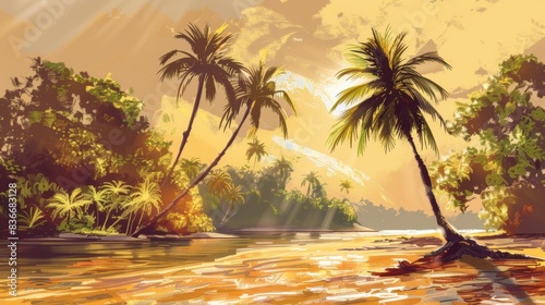 Mesmerizing digital painting depicts swaying palm trees on a sunlit riverbank.