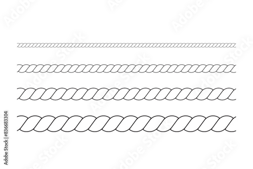 Repeating rope set. Seamless hemp cord line collection. Outline chain, braid, plait stripe bundle. Horizontal decorative plait pattern. Vector marine twine design elements for banner, poster, frame 