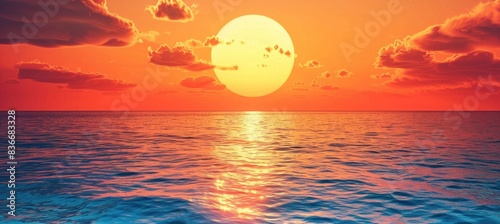 Sunset over the ocean  orange sky with golden sun above the calm sea water  panoramic view. Beautiful natural landscape background