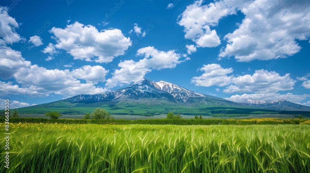 Fototapeta premium Optimized Sentence: Tranquil rural panorama with pristine fields, cerulean sky, puffy clouds, and an imposing mountain backdrop.