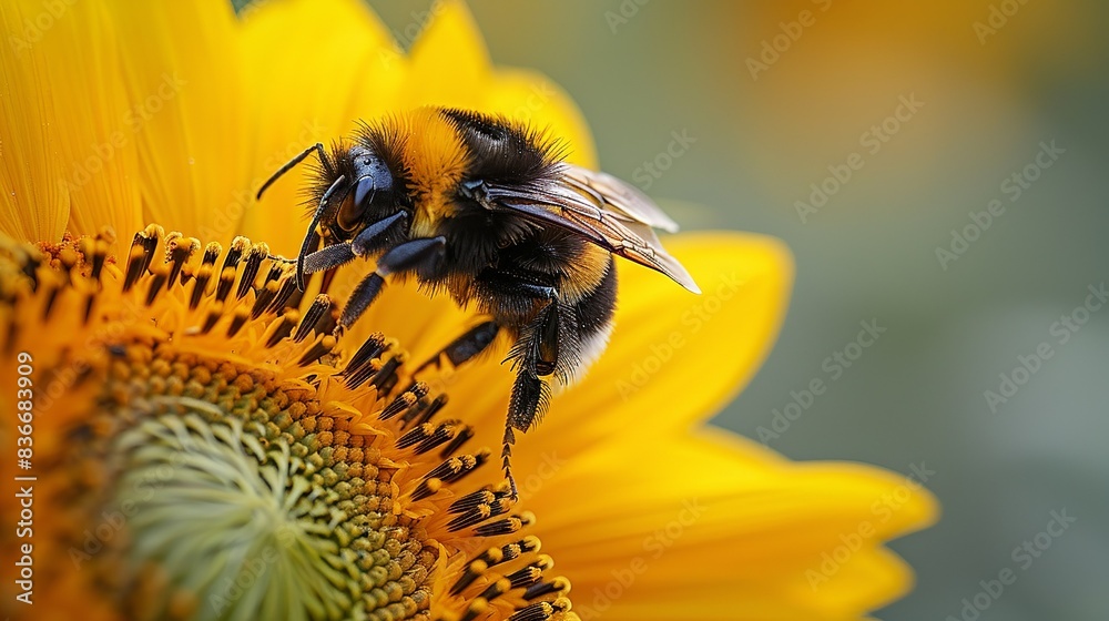A close-up of a bee pollinating a bright sunflower, highlighting the intricate relationship between flora and fauna in nature. Minimal and Simple, A close-up of a bee pollinating a bright sunflower, highlighting the intricate relationship between flora and fauna in nature. Minimal and Simple,