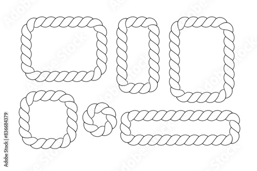 Braided rope frames. Collection of borders in the shape of square, circle and oval. Vector pack of thin and thick elements isolated on a white background.