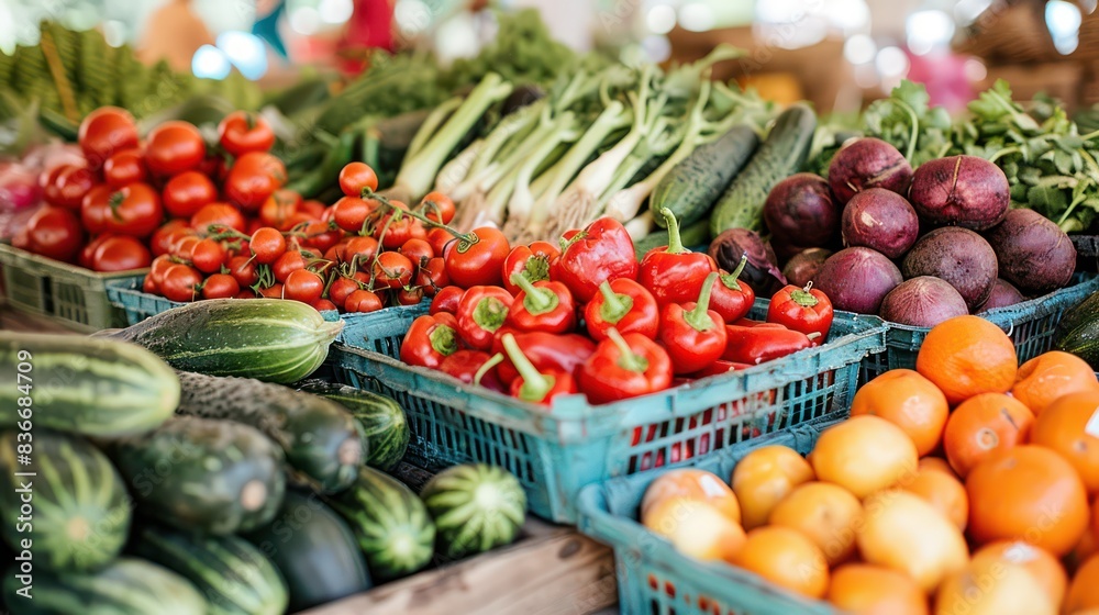 Farmer's market with fresh produce displayed. Farmer's market with fresh produce displayed.