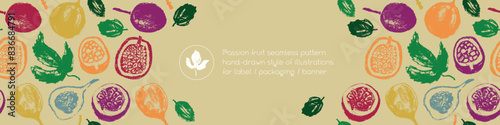 Tropical banner template with hand drawn granadilla pattern and passion fruit seamless pattern. Exotic fruits ornate print. Passion fruit background for cosmetic label or juice packaging.