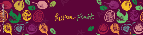 Tropical banner template with hand drawn granadilla pattern and passion fruit seamless pattern. Exotic fruits ornate print. Passion fruit background for cosmetic label or juice packaging.