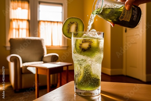 Kiwi juice Soda served with kiwi fruit in afternoon photo