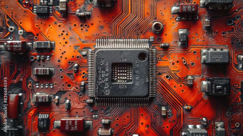 Fototapeta premium Close-up of a microchip and circuit board.