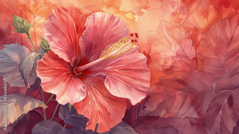 custom made wallpaper toronto digitalBotanical watercolor illustration showcasing the intricate details of a hibiscus flower in shades of red and pink