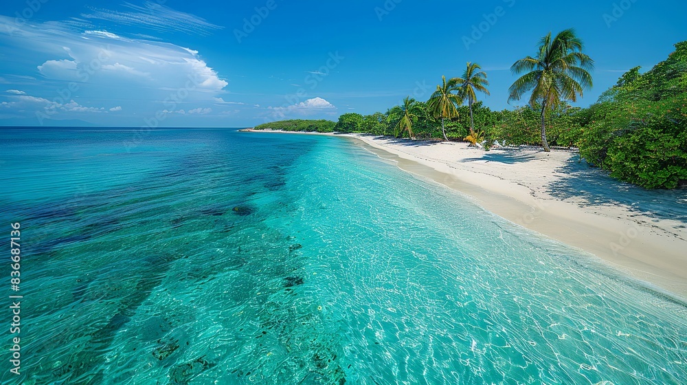 Fototapeta premium A tropical island paradise, with white sandy beaches, crystal-clear waters, and lush palm trees, evoking a sense of relaxation and natural beauty. Minimal and Simple,