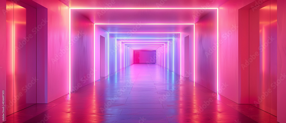 Illuminated Elegance - Sleek Neon-Lit Hallway with Vibrant Accents for High-End Settings Illuminated Elegance - Sleek Neon-Lit Hallway with Vibrant Accents for High-End Settings