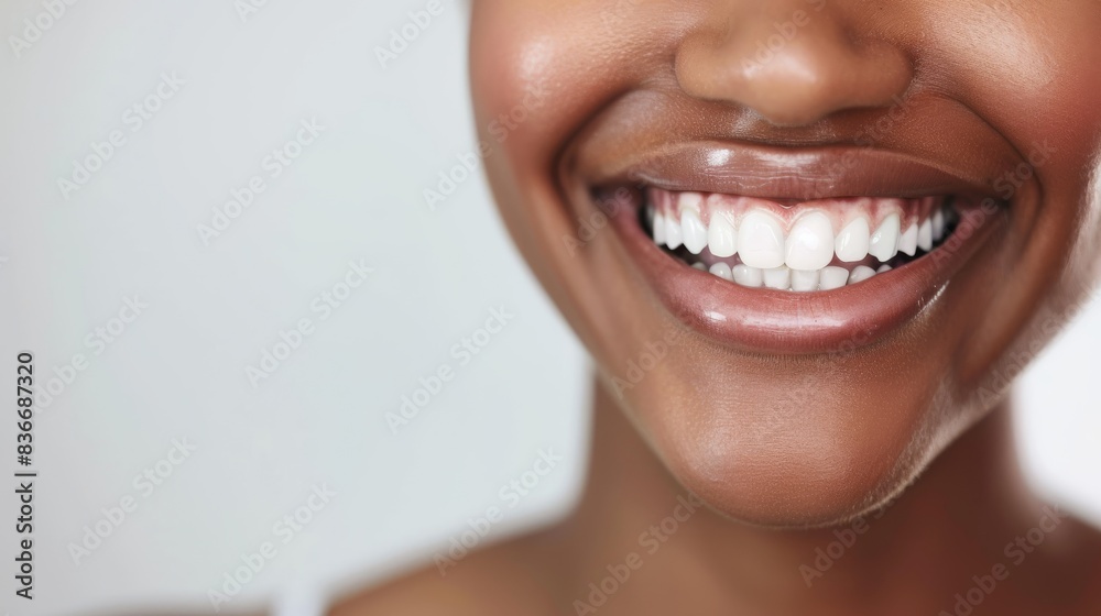 Obraz premium A close-up shot of a womans smile, showcasing her pearly white teeth