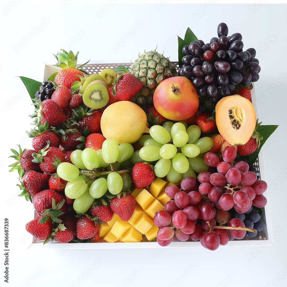 Variety of Fresh Tropical and Seasonal Fruits in a White Box