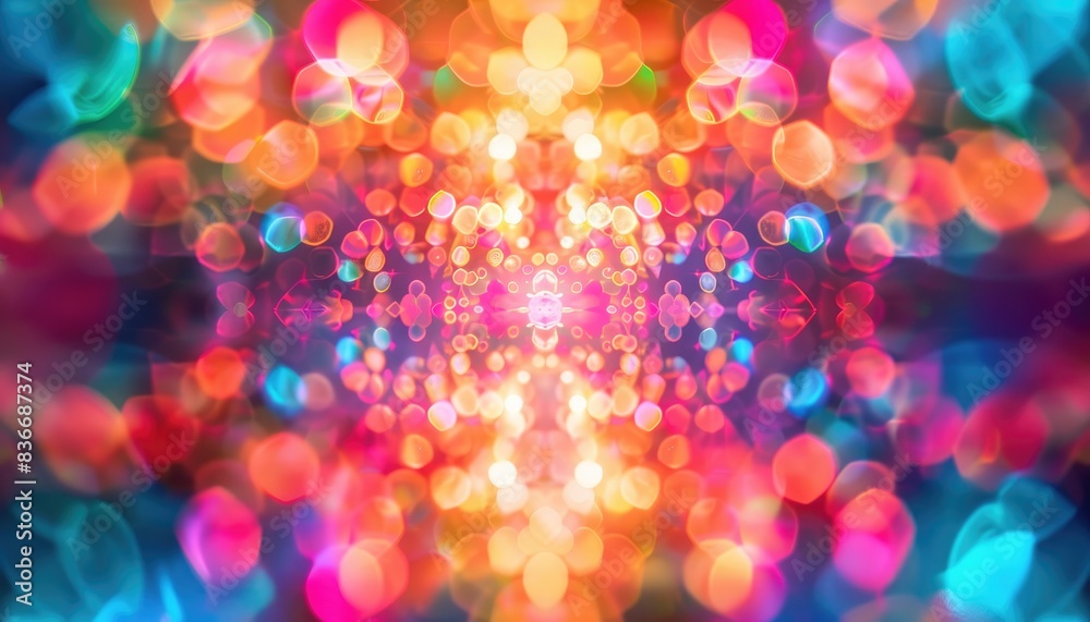 Naklejka premium Hypnotic Kaleidoscope Pattern of Colors and Bokeh with Psychedelic Feel Abstract Background