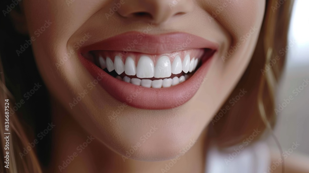A woman with a bright smile showing off her perfect, white teeth A woman with a bright smile showing off her perfect, white teeth