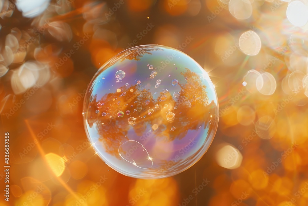 Ethereal Beauty: Close-up of Sunlit Soap Bubble Reflecting Iridescent Colors with Soft Bokeh Background