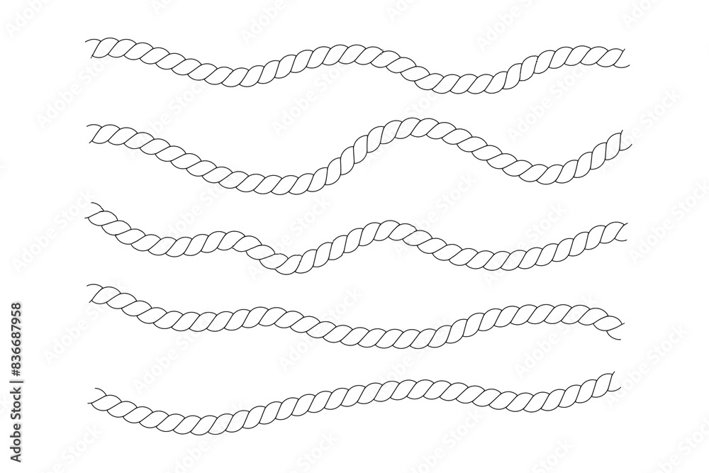 Rope wave set. Repeating hemp cord line collection. Waving chain, braid, plait stripe bundle. Seamless decorative plait pattern. Vector marine twine design elements for banner, poster, frame Rope wave set. Repeating hemp cord line collection. Waving chain, braid, plait stripe bundle. Seamless decorative plait pattern. Vector marine twine design elements for banner, poster, frame