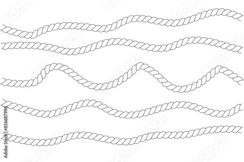 Rope wave set. Repeating hemp cord line collection. Waving chain, braid, plait stripe bundle. Seamless decorative plait pattern. Vector marine twine design elements for banner, poster, frame photo