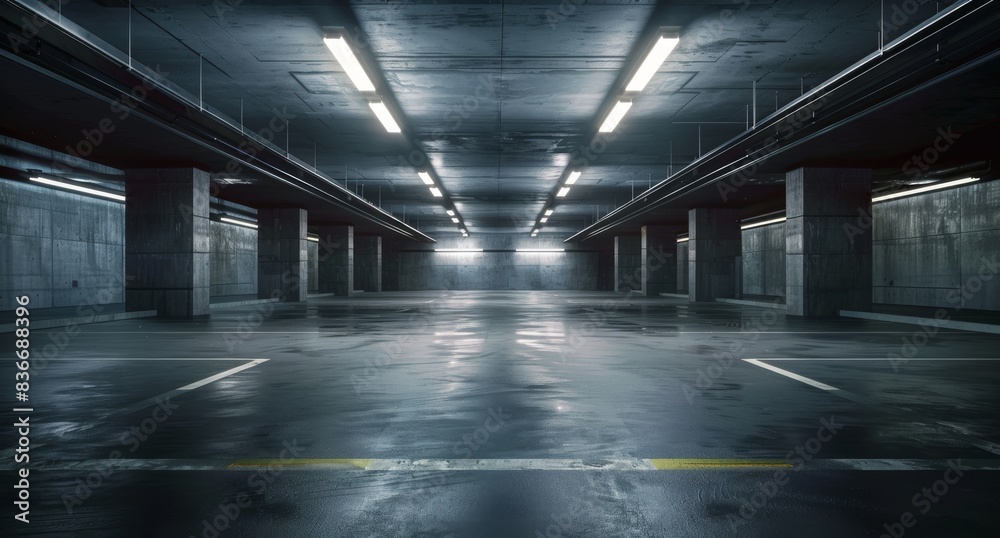 A dark empty underground car park with concrete walls. A dark empty underground car park with concrete walls.